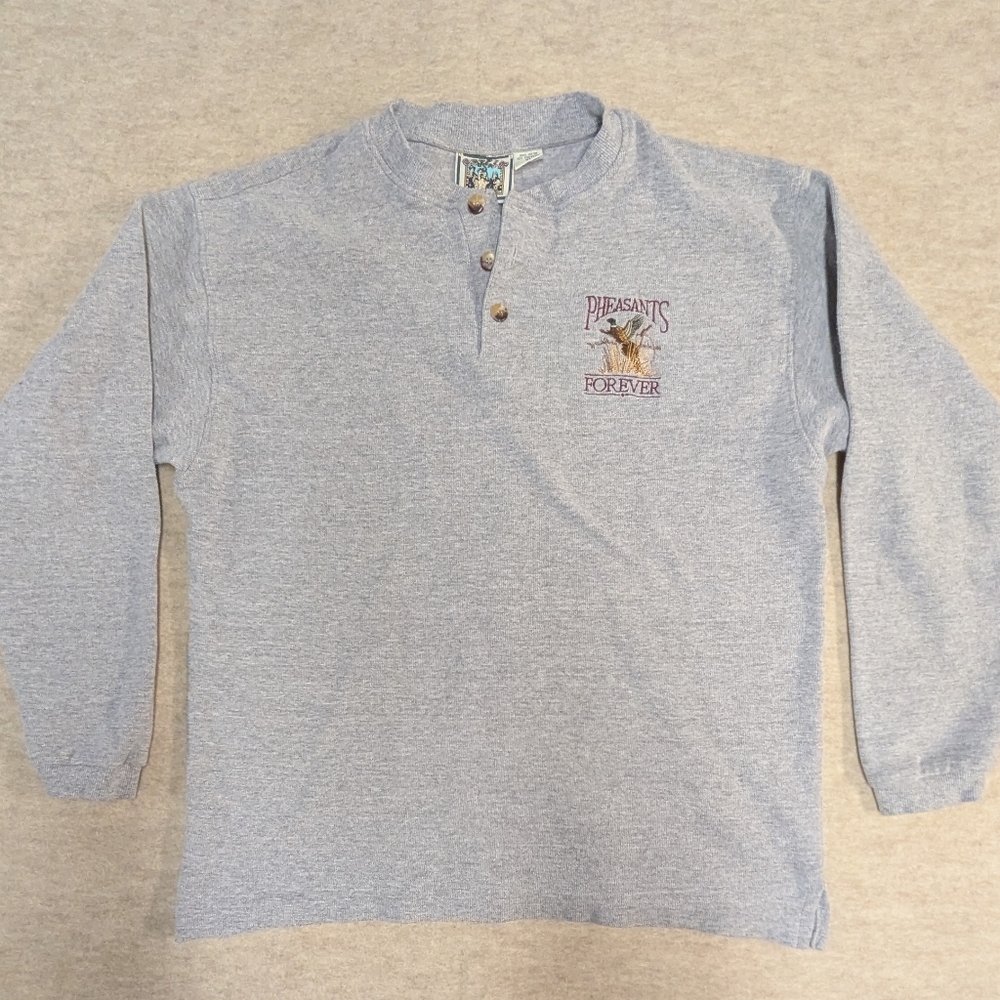 Pheasants Forever Embroidered Gray Waffle Henley Long Sleeve Thermal Size XL